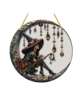 Round Witch-Themed Hanging Plate With Jeweled Accents 12-Inch Diameter